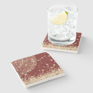 Porta-copo De Pedra Encantando Mandala com Douradas estrelas em vermel