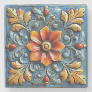 Porta-copo De Pedra Espanhol mexicano Floral Orange e Blue