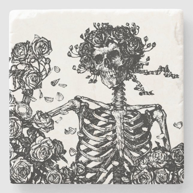 Porta-copo De Pedra Esqueletos e Rosas (Frente)