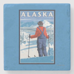 Porta-copo De Pedra Esqui no poster das viagens vintage de Alaska