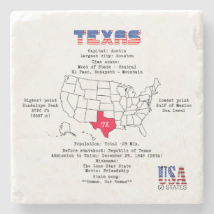 Porta-copo De Pedra Estado do Texas americano em um mapa e informações
