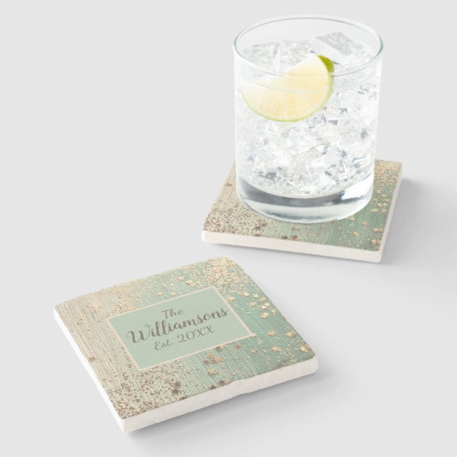Porta-copo De Pedra Esteira Dourada personalizada em verde marinho (Lateral)