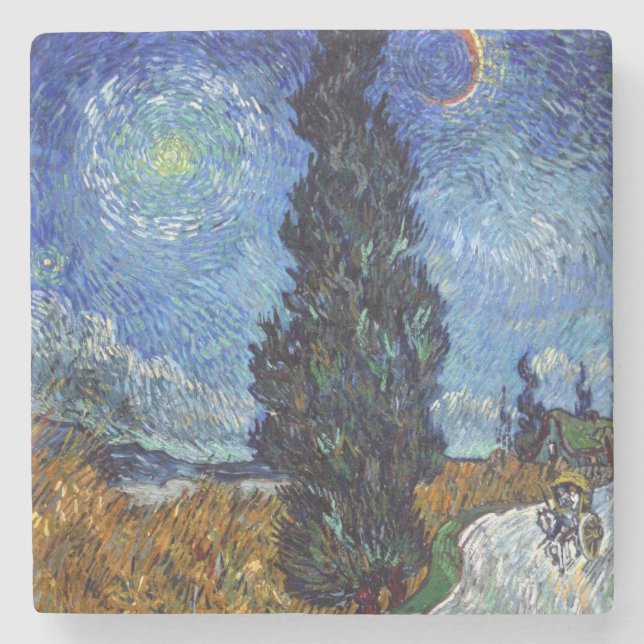 Porta-copo De Pedra Estrada com Ciprestes Impressionismo de Van Gogh (Frente)