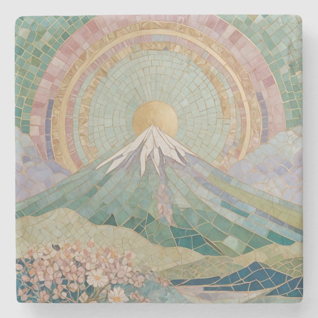 Porta-copo De Pedra Ethereal Bloom: Pastel Mosaic Volcano in Spring (Frente)