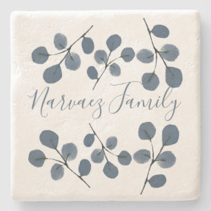 Porta-copo De Pedra Eucalipto, Cor Da Água, Pintado De Mão Botânica Az