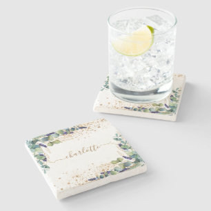 Porta-copo De Pedra Eucalyptus greenery gold glitter name script