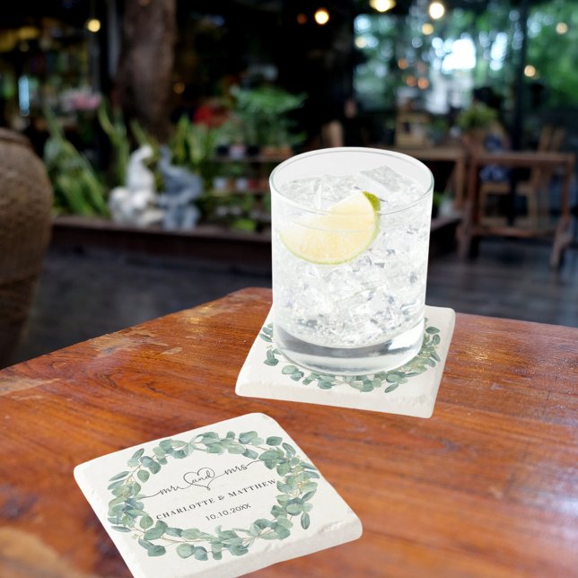 Porta-copo De Pedra Eucalyptus wreath de casamento srs salvar a data (Criador carregado)