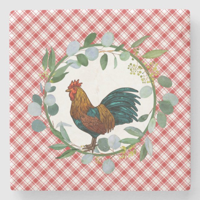 Porta-copo De Pedra Eucalyptus Wreath & Rooster Farmhouse (Frente)