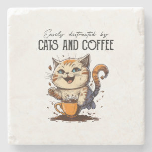 Porta-copo De Pedra Fácil Distração Por Gatos E Café Cat Lovers Co