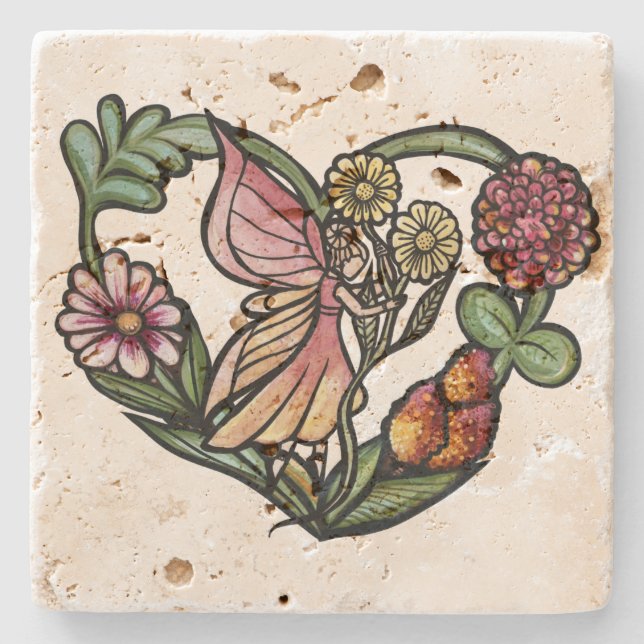 Porta-copo De Pedra Fadas de Flores, Fadas de Jardim (Frente)