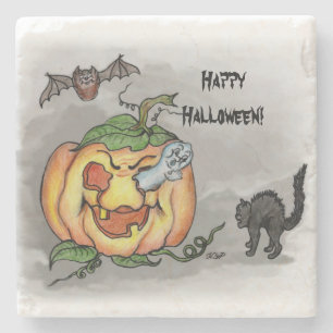 Porta-copo De Pedra Fantasma, Bat e Cat, Feliz Halloween!