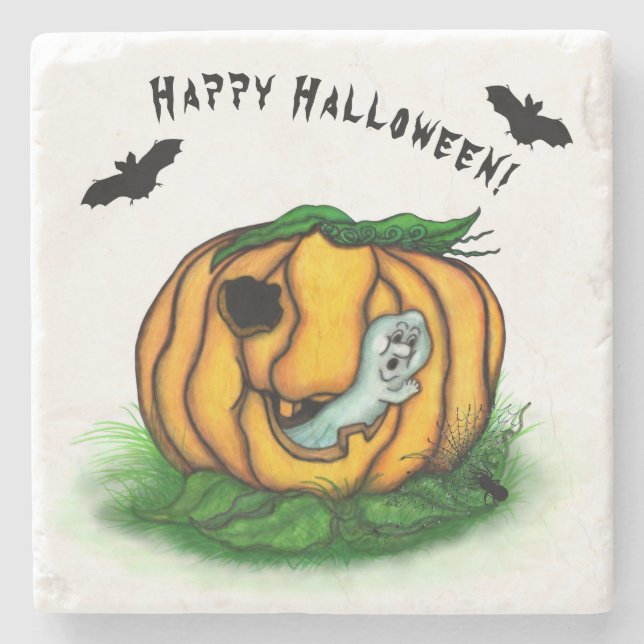 Porta-copo De Pedra Fantasma do Halloween, Bat, Ghost e Spider (Frente)
