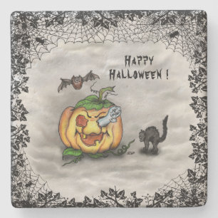 Porta-copo De Pedra Fantasma, Gato, Bat e Pumpkin, Feliz Halloween!