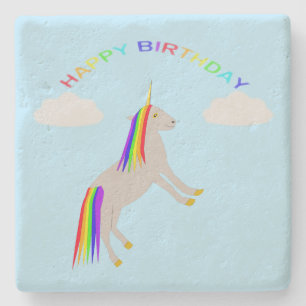 Porta-copo De Pedra Fantasy Birthday Unicorn Rainbow and Clouds