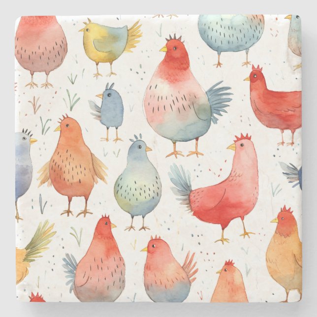 Porta-copo De Pedra Farmhouse Chickens (Frente)