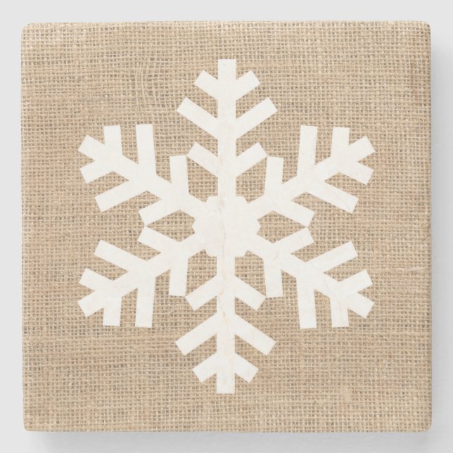 Porta-copo De Pedra Farmhouse Moderno Natal Floco de Neve Burlap Russo (Frente)