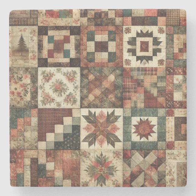 Porta-copo De Pedra Farmhouse Russo Terracotta Patchwork Quilt Floral (Frente)