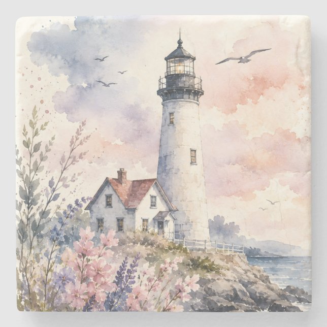 Porta-copo De Pedra Faro Pintado a Aquarela (Frente)