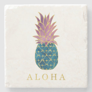 Porta-copo De Pedra Faux Dourado com Aloha de Abacaxi Azul e Púrpura