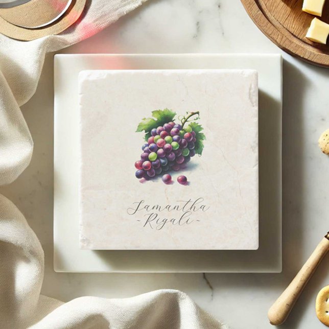 Porta-copo De Pedra Favor de casamento tema degustação de vinho (Wine gift personalized coasters watercolor grapes designed by Victoria Grigaliunas Do Tell A Belle)
