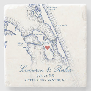 Porta-copo De Pedra Favor Mapa do Casamento Vista Creek Manteo NC Azul