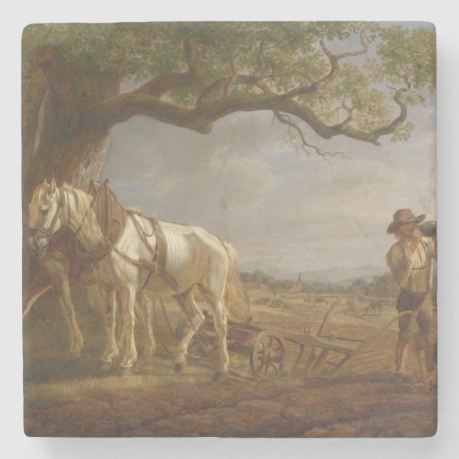 Porta-copo De Pedra Fazendeiros Descansados em Campo com Cavalos e Flo (Frente)