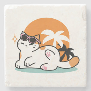 Porta-copo De Pedra Feline Fine no Sol - Gato Tropical Relaxado