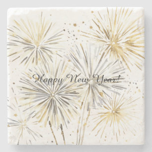 Porta-copo De Pedra Feliz Ano Novo Dourado Prata Fogos de Artifício