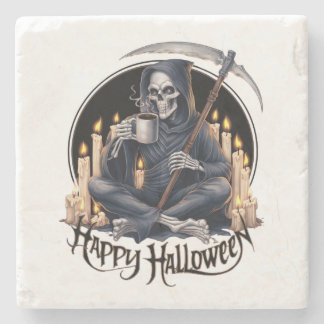 Porta-copo De Pedra Feliz Halloween e um esqueleto