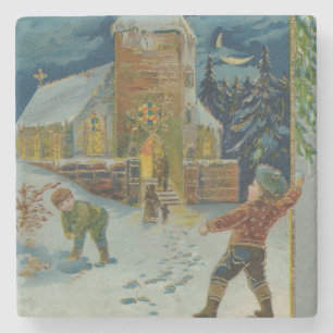 Porta-copo De Pedra Feliz Natal - Cartão postal vintage de luta de bol