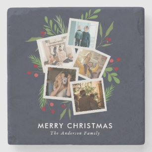 Porta-copo De Pedra Feliz Natal Colagem Personalizada Holly Moderna