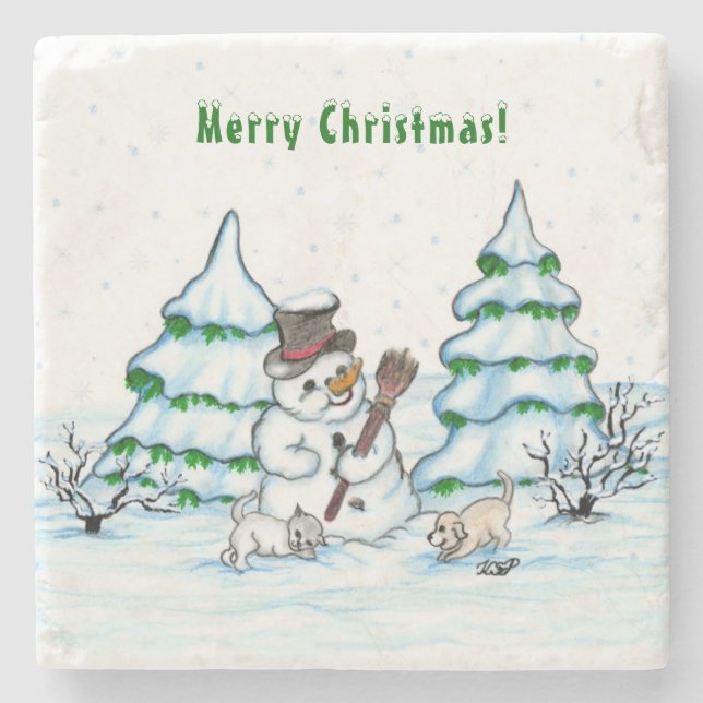 Porta-copo De Pedra Feliz Natal! Neve com Cat e Puppy (Frente)