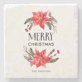 Porta-copo De Pedra Feliz Natal Poinsettia Wreath Family