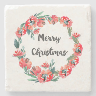 Porta-copo De Pedra Feliz Natal Red Floral Watercolor Wreath