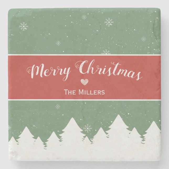 Porta-copo De Pedra Festivo Feliz Sobrenome de Natal Floco (Frente)