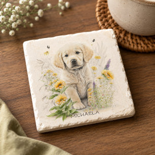 Porta-copo De Pedra Filhote de Retriever Dourado Personalizado em Flor