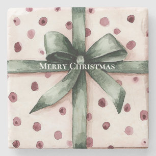 Porta-copo De Pedra Fita e Arco verdes de pontos cor-de-rosa Natal