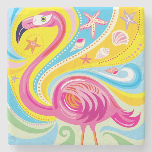 Porta-copo De Pedra Flamingo Rosa com Estrela do Mar (Frente)
