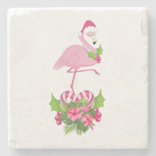 Porta-copo De Pedra Flamingo rosa em Santa Hat com Buquê de Cané Adorm