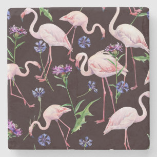 Porta-copo De Pedra Flamingos em aquarela e padrão de flores silvestre