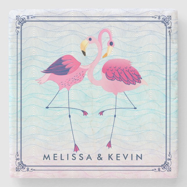 Porta-copo De Pedra Flamingos Em Ondas De Água De Abstrato Praia Estil (Frente)