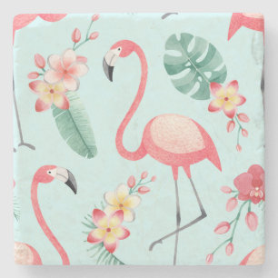 Porta-copo De Pedra Flamingos Flores Tropicais Padrão de Aquarela