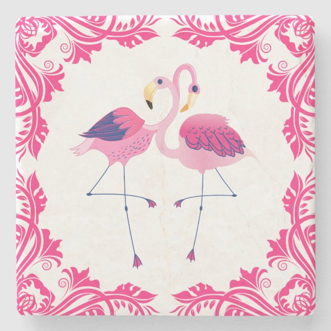 Porta-copo De Pedra Flamingos No Amor, Quadro Rosa (Frente)
