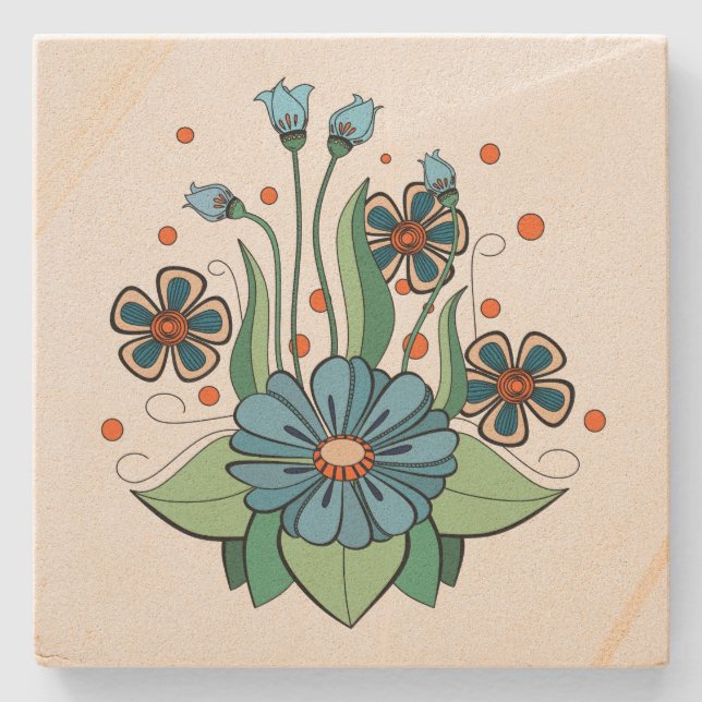 Porta-copo De Pedra Flor Azul e Laranja (Frente)