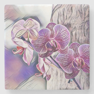 Porta-copo De Pedra Flor de orquídea roxa num quadro de madeira