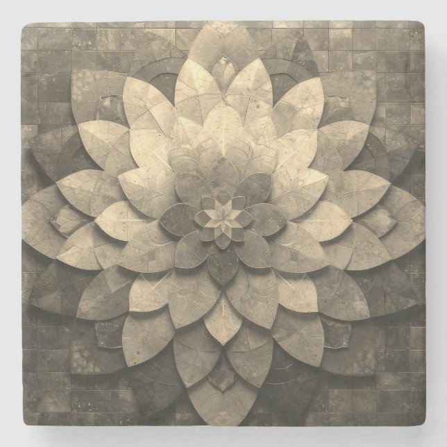 Porta-copo De Pedra Flor Texturizada com Mandala, Ouro antigo (Frente)