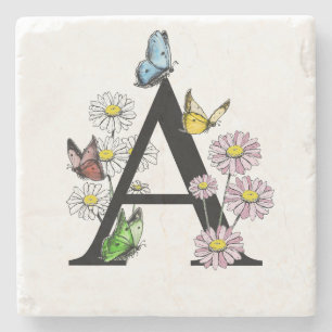 Porta-copo De Pedra Floral Birthday Butterfly Monograma - Letra A