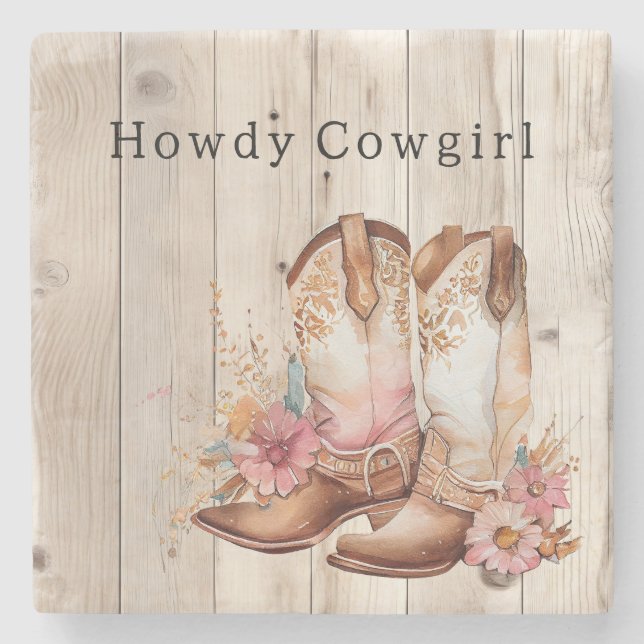 Porta-copo De Pedra Floral Cowgirl Boots Ivory Faux Wood Personalizada (Frente)