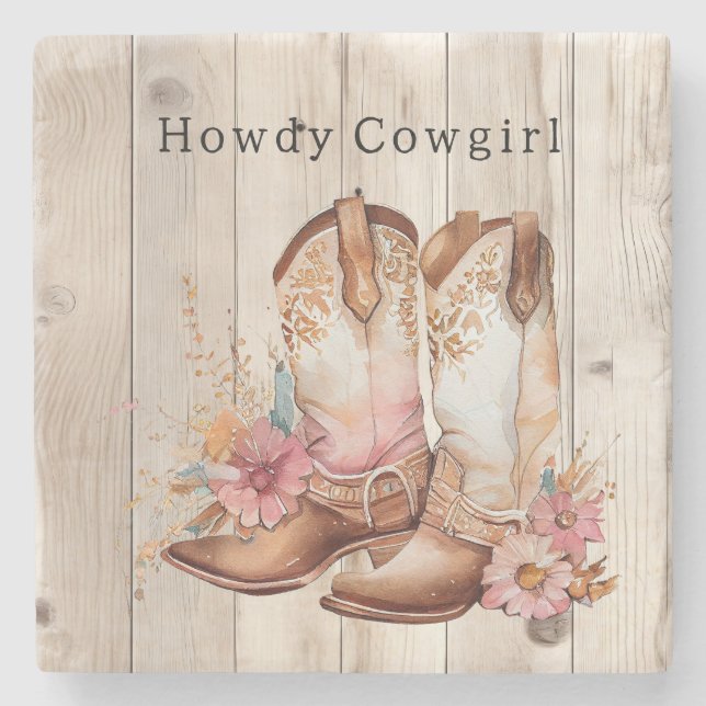 Porta-copo De Pedra Floral Cowgirl Boots Ivory Faux Wood Personalized  (Frente)