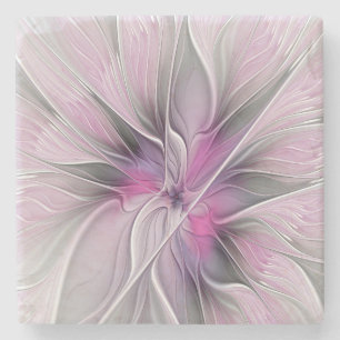 Porta-copo De Pedra Floral Fractal Moderno Abstrato Flor Rosa Cinza